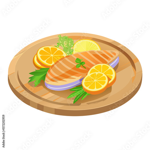 Grilled Salmon Fillet with Lemon on a Wooden Plate