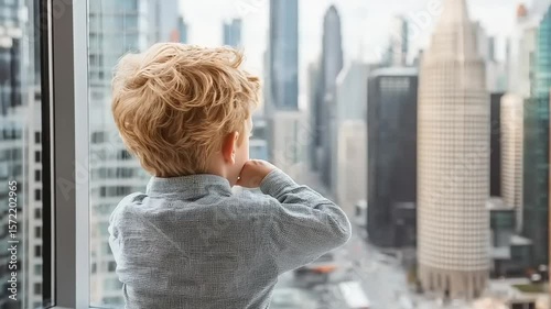 Child looking at cityscape from a window