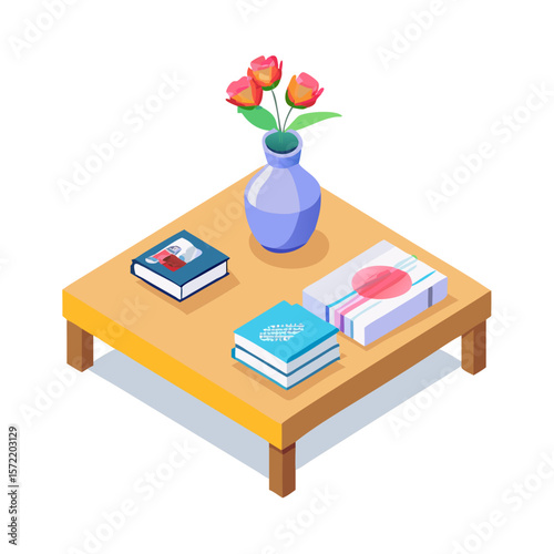Isometric Coffee Table with Flowers and Books