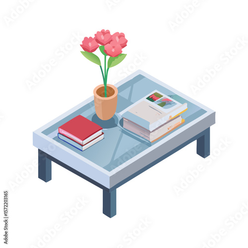 Isometric Coffee Table with Flowers and Books