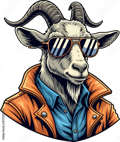 Cool goat character in sunglasses and jacket, stylish animal vector illustration.