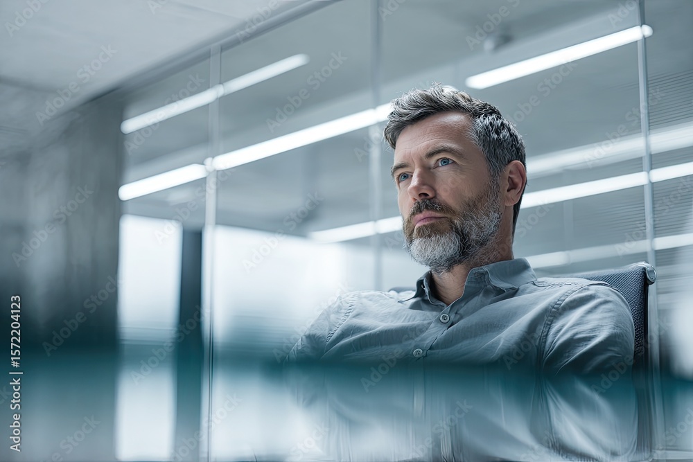 Fototapeta premium Male executive seated at a glass conference table under overhead fluorescent lights soft focus on subject with hard