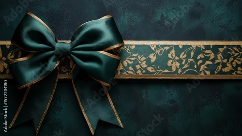 Emerald Green Bow and Ribbon: An elegant emerald green satin ribbon tied in a perfect bow, adorned with a gold patterned band, creates a luxurious and festive feel.