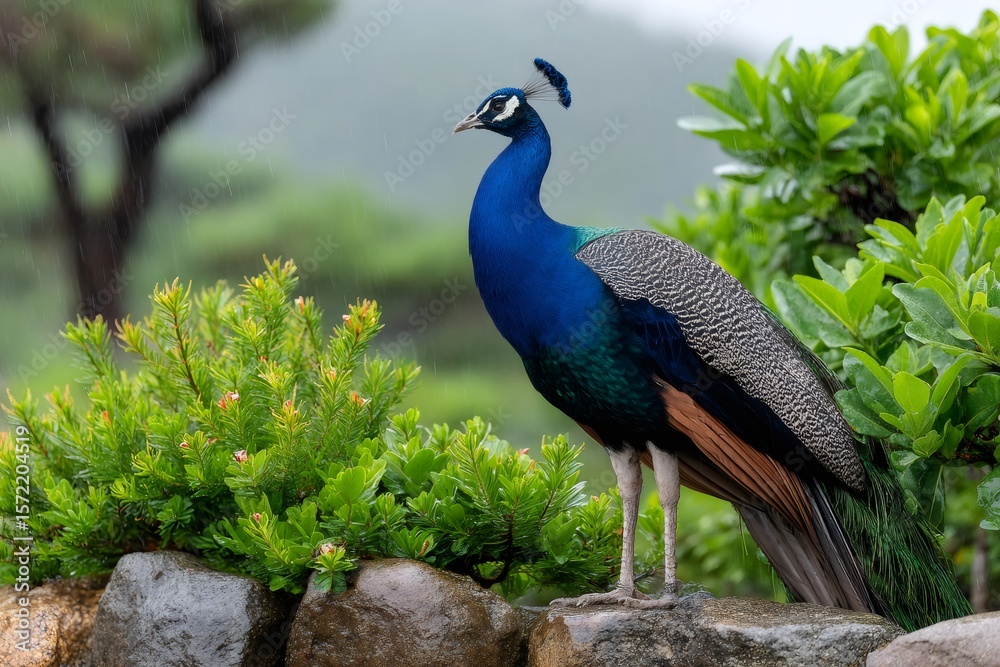 Fototapeta premium Vibrant Peacock Standing on a Stone Wall