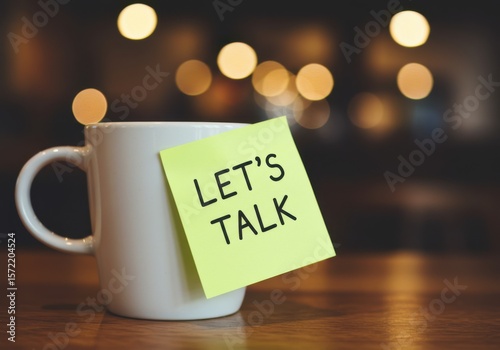 A white coffee mug with a bright yellow sticky note saying let s talk
