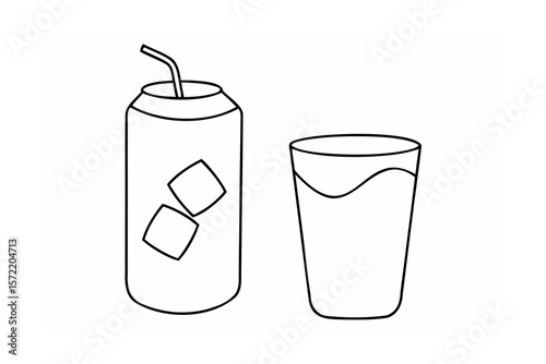 Cold drink can and glass with ice beverage refreshment