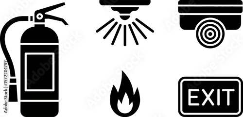 Fire safety and security icons set vector illustration extinguisher sprinkler camera exit sign flame 100 char vector