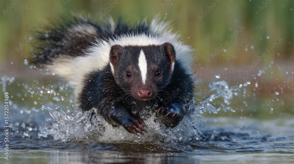 Fototapeta premium Skunk in action black and white mammal running through water