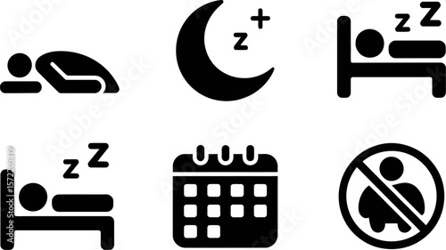 Sleep schedule and insomnia vector icons for rest and relaxation and health and wellness planning guide vector