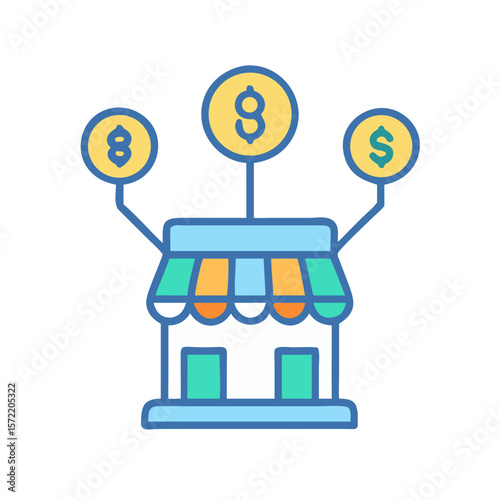Storefront with Dollar and Crypto Currency Symbols Illustration