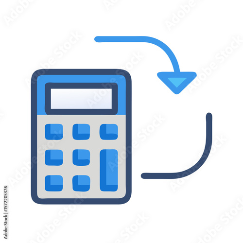 Blue calculator with curved arrow, calculation update symbol