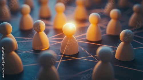 Illuminated leader figure surrounded by a network of connected people.
