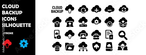 Cloud Backup Icons Silhouette Vector Set – Data Storage, File Sync and Digital Recovery