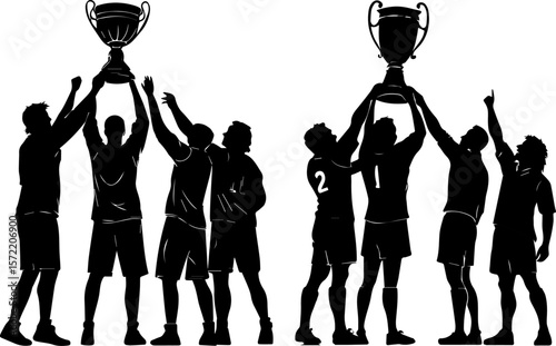 Sports Team Celebrating Victory with Trophy - Champions Silhouette