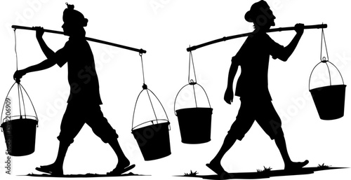 Man Carrying Water with Yoke and Buckets - Traditional Labor Silhouette