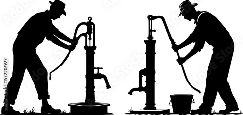 Farmers Pumping Water from Well - Traditional Rural Life Silhouette