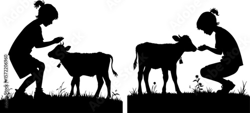 Girl Interacting with Calf - Farm Animal Care Silhouette