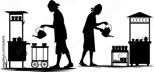 Street Tea Vendor Pouring Tea - Traditional Market Drink Silhouette