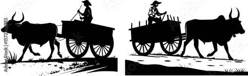 Farmer Driving Ox Cart - Traditional Rural Transport Silhouette