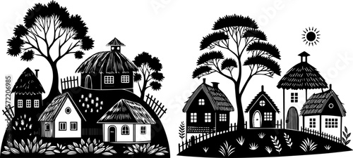 Quaint Village Landscape with Houses and Trees - Rural Scene Silhouette