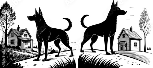 Alert Guard Dog in Rural Landscape with House - Canine Vigilance Silhouette