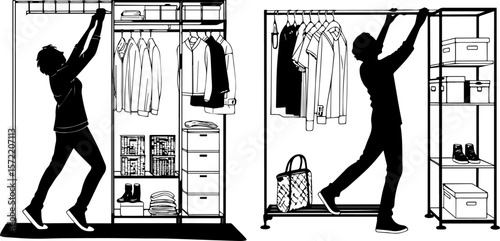 Person Organizing Closet or Clothes Rack - Home Organization Silhouette