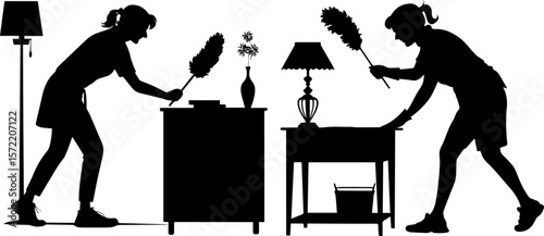 Women Dusting Furniture - Home Cleaning and Housework Silhouette