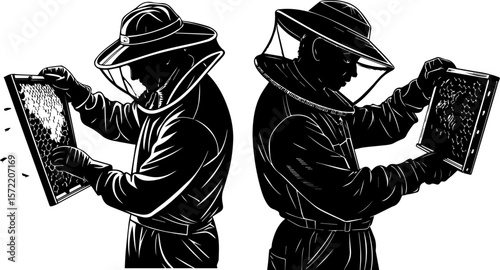 Beekeepers Inspecting Honeycomb Frames - Apiculture Silhouette