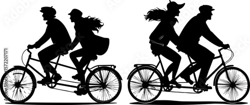 Couple Riding Tandem Bicycle - Teamwork and Leisure Silhouette