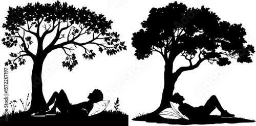 People Resting Under Trees - Outdoor Relaxation Silhouette