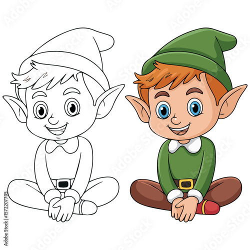Cartoon christmas elf coloring page for kids holiday fun and creative activity vector illustration