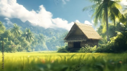 Tropical Rice Paddy Hut, Lush Landscape, Palm Trees, Mountains-Footage