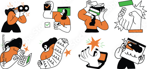Business Concept illustrations Set.  men and women taking part in business activities. Vector illustration.