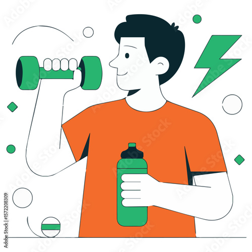 Man lifting dumbbell fitness workout exercise training strength health lifestyle gym activity illustration vector