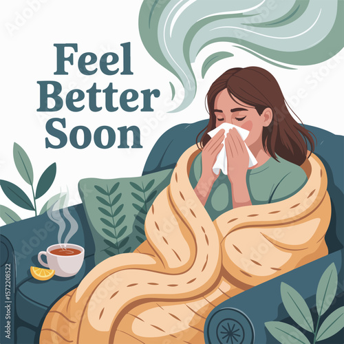 Woman sick on couch with blanket and tea feel better soon