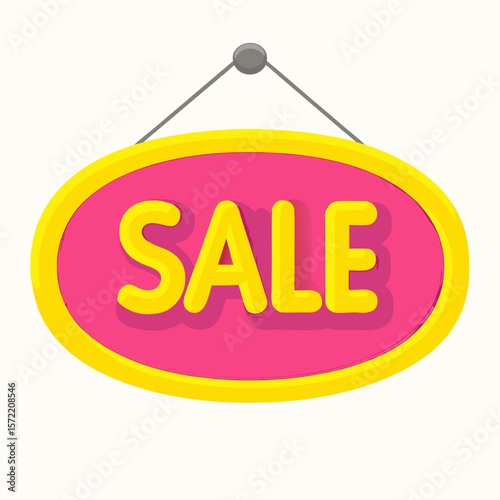Vector art of an eyecatching oval sale sign with a vibrant pink background and yellow frame, announcing a great discount