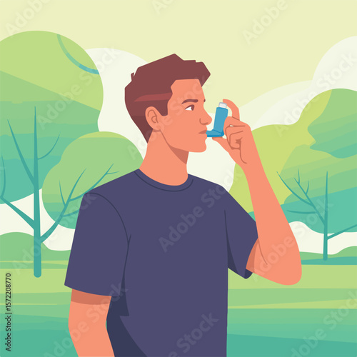 Man using inhaler outdoors with trees in the background
