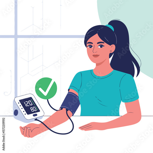Woman checking her blood pressure with digital monitor at home
