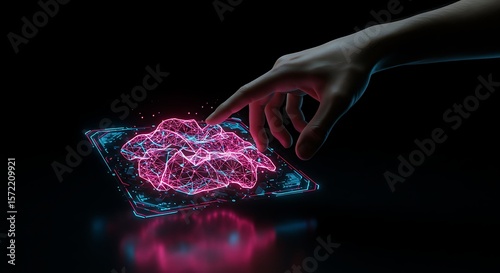Wallpaper Mural Touching Digital Brain: A futuristic close-up of a hand gently interacting with a digital brain, sparking a visual dialogue between human touch and cutting-edge technology. Torontodigital.ca