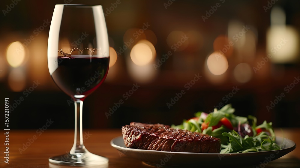 Naklejka premium Gourmet Steak Dinner with Red Wine and Salad