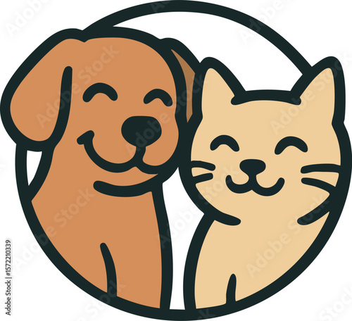 Cute Dog and Cat Together Inside Circular Icon – Minimal Pet Illustration