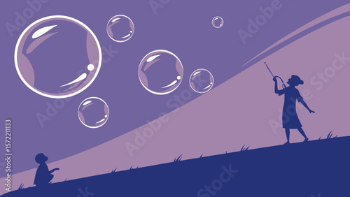 Silhouette of people blowing bubbles on a hill during daytime with a purple and blue color scheme