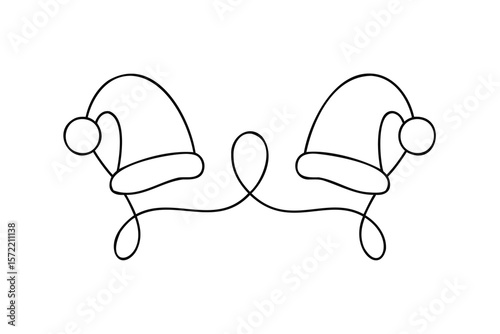 Festive santa hats connected by swirling line christmas