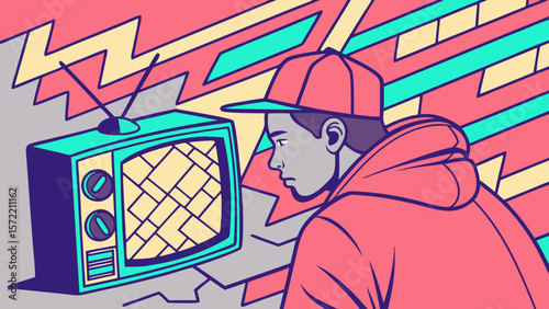 Person in hoodie and cap watching vintage television with geometric screen and abstract background