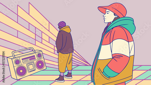 Two figures and a boombox stand in front of a geometric wall with a retro aesthetic design style
