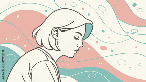 Illustration of a woman in profile with pastel waves and circles in the background art design