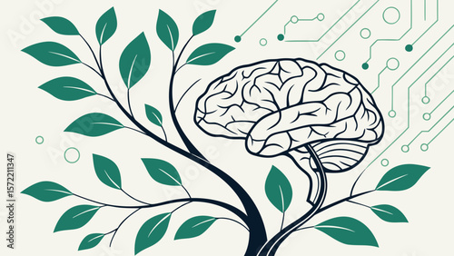 Stylized brain connected to tree branches and circuit board design on a cream colored background