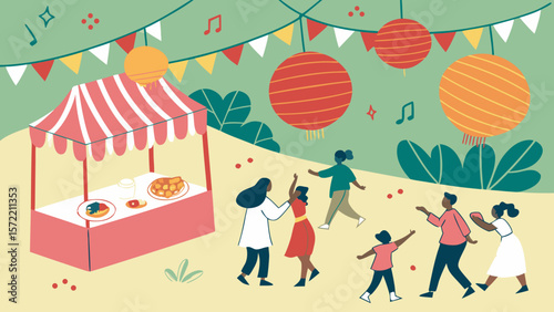 Illustration of a lively outdoor fair with food stall, people dancing, and hanging lanterns above
