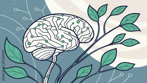 Illustration of a brain with circuit patterns surrounded by green leaves and plant stems art