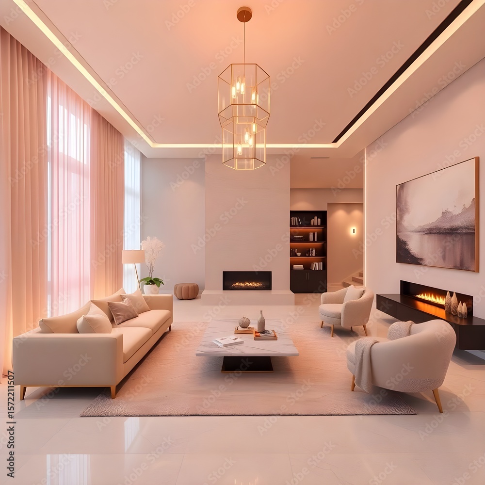 Fototapeta premium Modern Living Room Design Elegant Interior with Fireplace and Neutral Palette